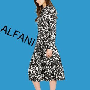 Alfani Black/White Print Dress Belted 4Pet NWT